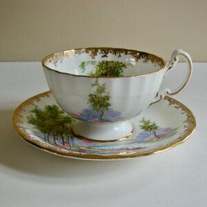 Vintage Aynsley Bone China Teacup Saucer Bluebell Time Gold Gilt Scalloped